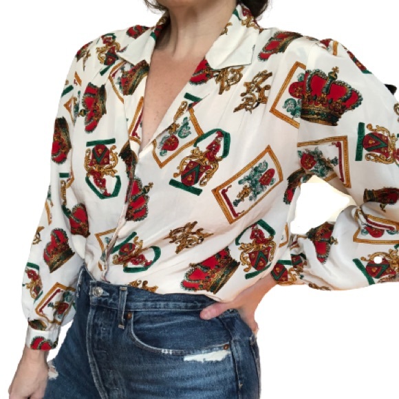 Vintage 80s Medieval Royal Regal Core Crown Monarchy Latin Novelty Blouse L/XL - Picture 5 of 17